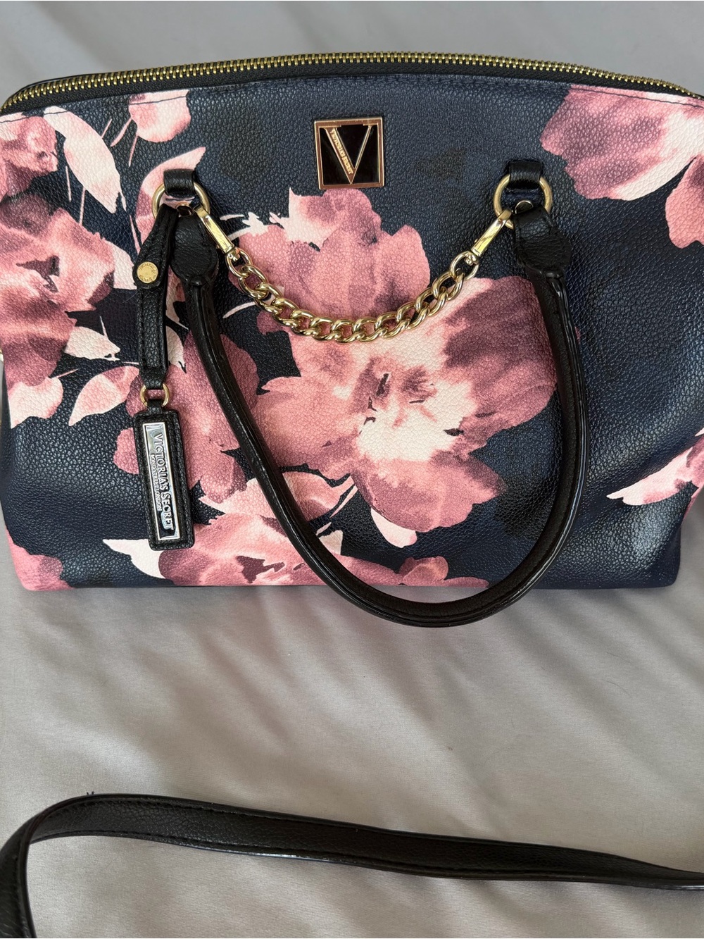 Victoria's Secret Navy Satchel with Pink Floral and Gold Hardware